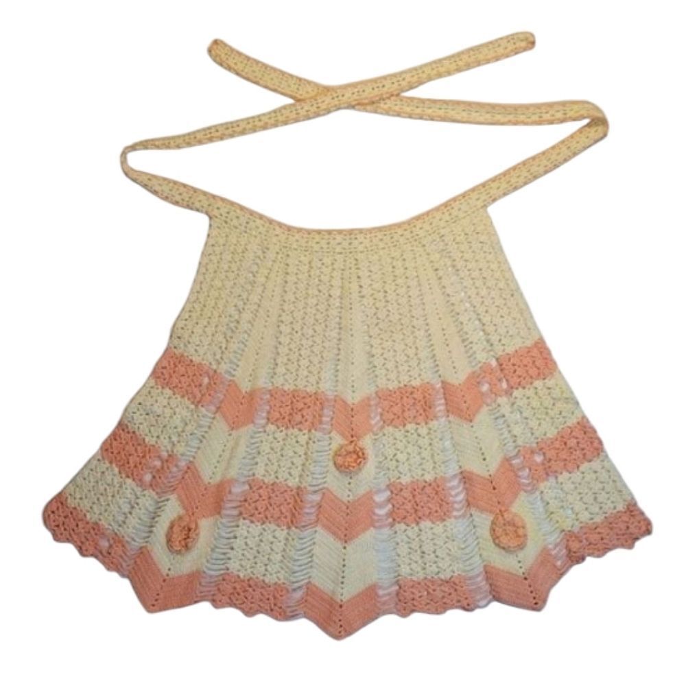 VINTAGE Crochet Hostess Waist Apron Dainty Feminine Pink and Cream